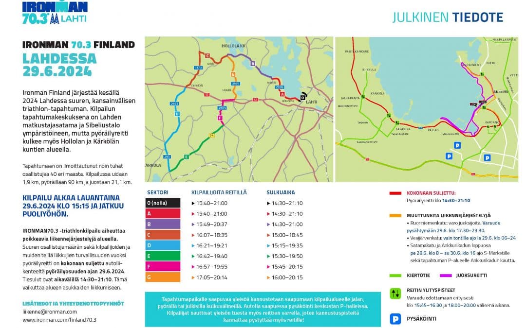 IRON­MAN 70.3 Lah­ti ai­heut­taa lii­ken­ne­jär­jes­te­ly­jä 29.6.